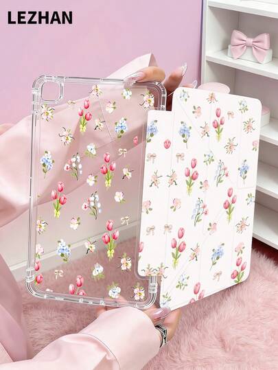 1个清新亮丽郁金香花卉图案平板电脑保护套，升级版Y型折叠支架保护壳，多角度旋转平板电脑保护套，兼容iPad 10.2英寸、iPad Pro 11英寸（2021/2020/第十代/iPad mini/第六代、第七代）、Galaxy Tab A8 10.5英寸（2022），带笔槽，防摔，平板电脑支架保护套，儿童/家庭礼物