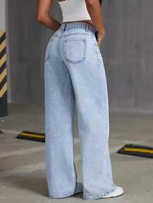 PETITE New Women's Starry Rhinestone Decor Wide Leg Jeans, Fashion Design Casual Versatile Pants - Medium Wash - View 2