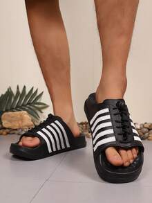 Men's Striped Design Sports Slide Sandals, 2026 Summer Classic Thick Sole Slip-On Slip-On Sandals, Beach Holiday Flip Flops - Black - View 6