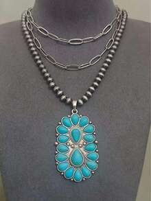 1pc Western Cowgirl Style Layered Necklace, Alloy Inlaid Turquoise Pendant, Suitable For Daily Wear And Parties - Turquoise Necklace - View 12