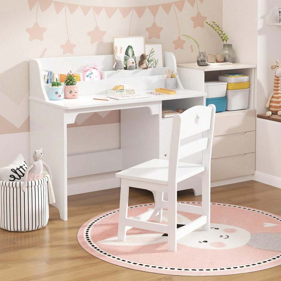 Juego de computadora y Silla para niños, computadora de Estudio para niños con Cabina, gabinete de Almacenamiento, Mesa Estudio de Madera para niños, computadora de Escritura para. - Blanco - Ver 1