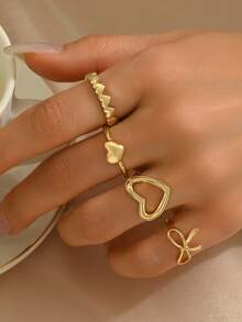 Multi-Piece Heart & Bow Minimalist Fashion Metal Rings, Versatile Daily Wear - B009 - View 1