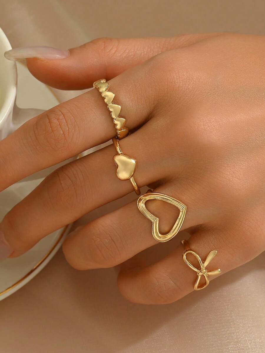 Multi-Piece Heart & Bow Minimalist Fashion Metal Rings, Versatile Daily Wear - B009 - View 1