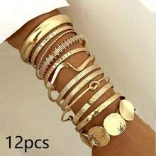 12pcs Vintage Minimalist Bracelets, Fashion Mixed Stacking Open Bangle Bracelet Set - Gold - View 1