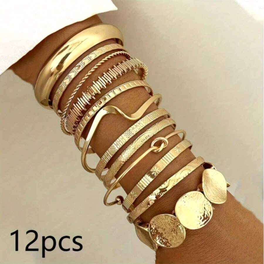 12pcs Vintage Minimalist Bracelets, Fashion Mixed Stacking Open Bangle Bracelet Set - Gold - View 1