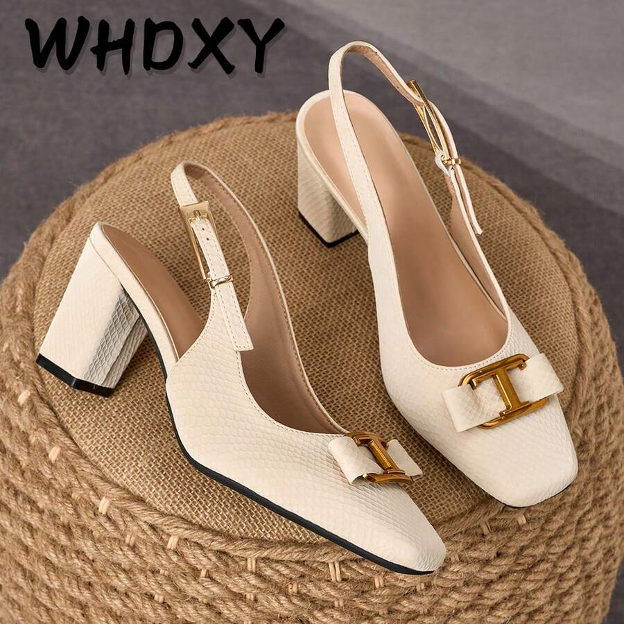 WHDXY Giày sandal hở gót mũi vuông màu mơ nhạt, khóa kim loại, gót dày 7cm, kiểu dáng thanh lịch, phù hợp cho đi làm, công sở, hẹn hò, mặc hàng ngày và các dịp giao lưu nhẹ nhàng. - Màu be - Xem 1