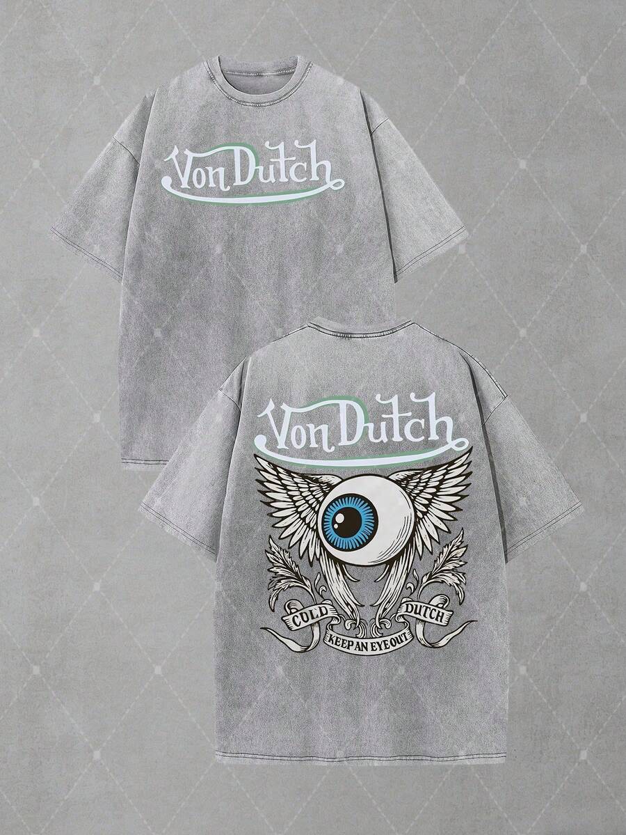Van Dutch Motorcycle Wing City Tour Graphic Men's Vintage Washed Oversized Crew Neck Short Sleeve T-Shirt - Vintage Washed Soft Cotton For Travel & Daily Casual, Perfect Gift For Brand Collectors, Camisas Para Hombre, Men's Graphic Tee Streetwear - Xám - Xem 1