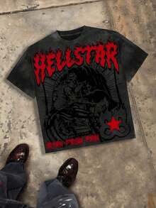 Camiseta de algodón peinado de 230g con gráfico de motociclista esqueleto, llama y estrella roja, top de manga corta de estilo callejero Y2K, top de cuello redondo de verano, adecuado para uso casual diario de verano, ropa de calle para jóvenes, unisex - Negro - Ver 2