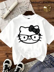 SANRIO Glasses Bow Fun Pattern Design, Street Hip-Hop Casual Style, Summer Round Neck Short Sleeved, Suitable For Outdoor Activities And Casual Wear - trắng - Xem 1