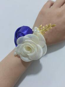 1pc Boutonniere + 1pc Wrist Corsage, Champagne & Blue Dual Flower Decor, Elegant For Wedding, Banquet, Party, Bride, Bridesmaid, Daily Wear, Valentine's Day,Summer,Beach - 713 Purple + Rice - View 8
