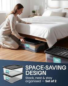 4 Pack 30L Underbed Storage Boxes With Lids |   Clear Plastic Storage Containers With Black Lids |   Stackable Storage Boxes For Home, Office, And Kitchen Organization - 2 - View 6