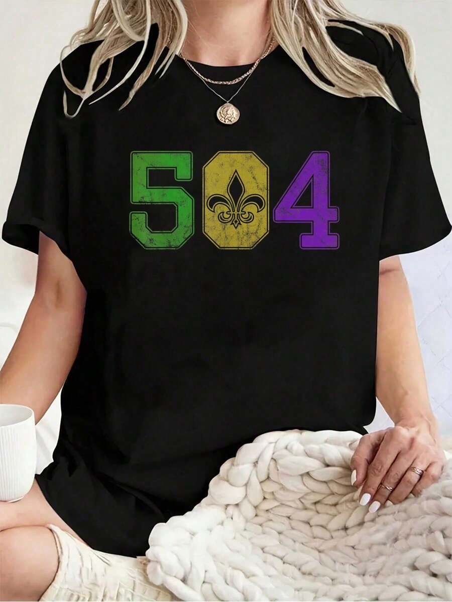 Camiseta Unisex 100% Algodón de Mardi Gras 504 Nola Nueva Orleans, Luisiana, LA - Camisetas Gráficas 100% Algodón para Hombre, Tops de Verano - Negro - Ver 1