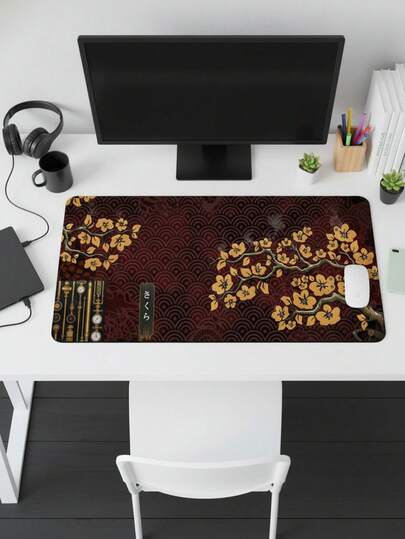 超大游戏桌垫兼鼠标垫 - 黑金日式樱花与复古怀表图案，波浪纹理，防滑橡胶底座，光滑大面积表面，也可作键盘垫、桌面垫或书架使用，适用于游戏玩家、办公室和宿舍，兼容鼠标和轨迹球。