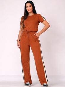 Women's Basic Pants And Blouse Set With Side Stripe. - Mocha Brown - View 4