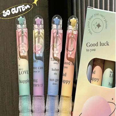 4支/套 星形按动圆珠笔，渐变色星形笔帽，透明笔夹，防滑纹理舒适握感，适合学生和办公室日常书写，返校必备文具（标准笔尺寸）