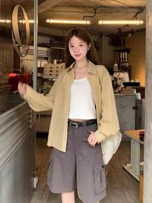 Chemise à carreaux jaune ample avec épaules tombantes vintage, blouse à carreaux ample et polyvalente pour femmes, pour les vacances de printemps/automne - Jaune citron - Voir 5