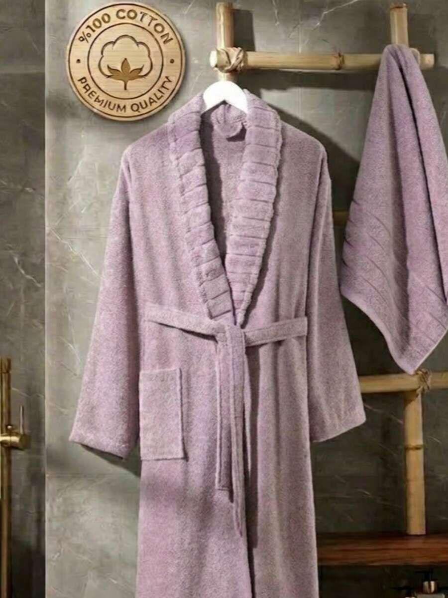 RASELA HOME - 70% Cotton 30% Polyester - Bathrobe And Towel Set (50*90 Towel), Made In Turkey - Mauve Purple - View 1