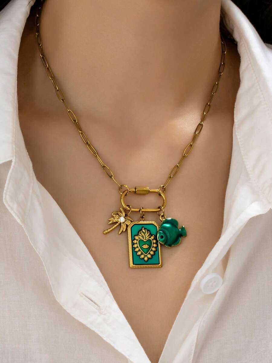 1 pieza Collar con colgante de corazón y pez de esmalte azul, collar de cadena de acero inoxidable con cierre de mosquetón, joyería bohemia de playa chapada en oro de 18K para mujeres - Collar con colgante de corazón y pez esmaltado en azul - Ver 1