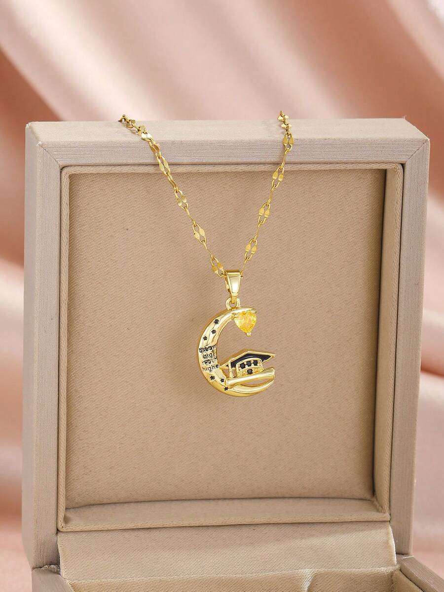 1件全新设计创意独特心形月亮毕业帽造型不锈钢链项链，适合送给同学、朋友、孩子、男孩、女孩、儿子、女儿、姐妹、兄弟，作为毕业季礼物 - 金色 - 查看 1