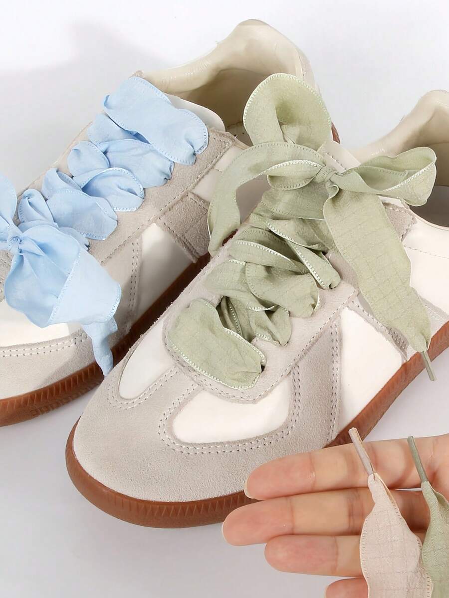 1 Pair/2pcs 120cm Long Geometric Pattern Basic Preppy Style Polyester (Polyester) Pleated Edge Shoelaces, Suitable For School And Daily Wear - Multicolor - View 1