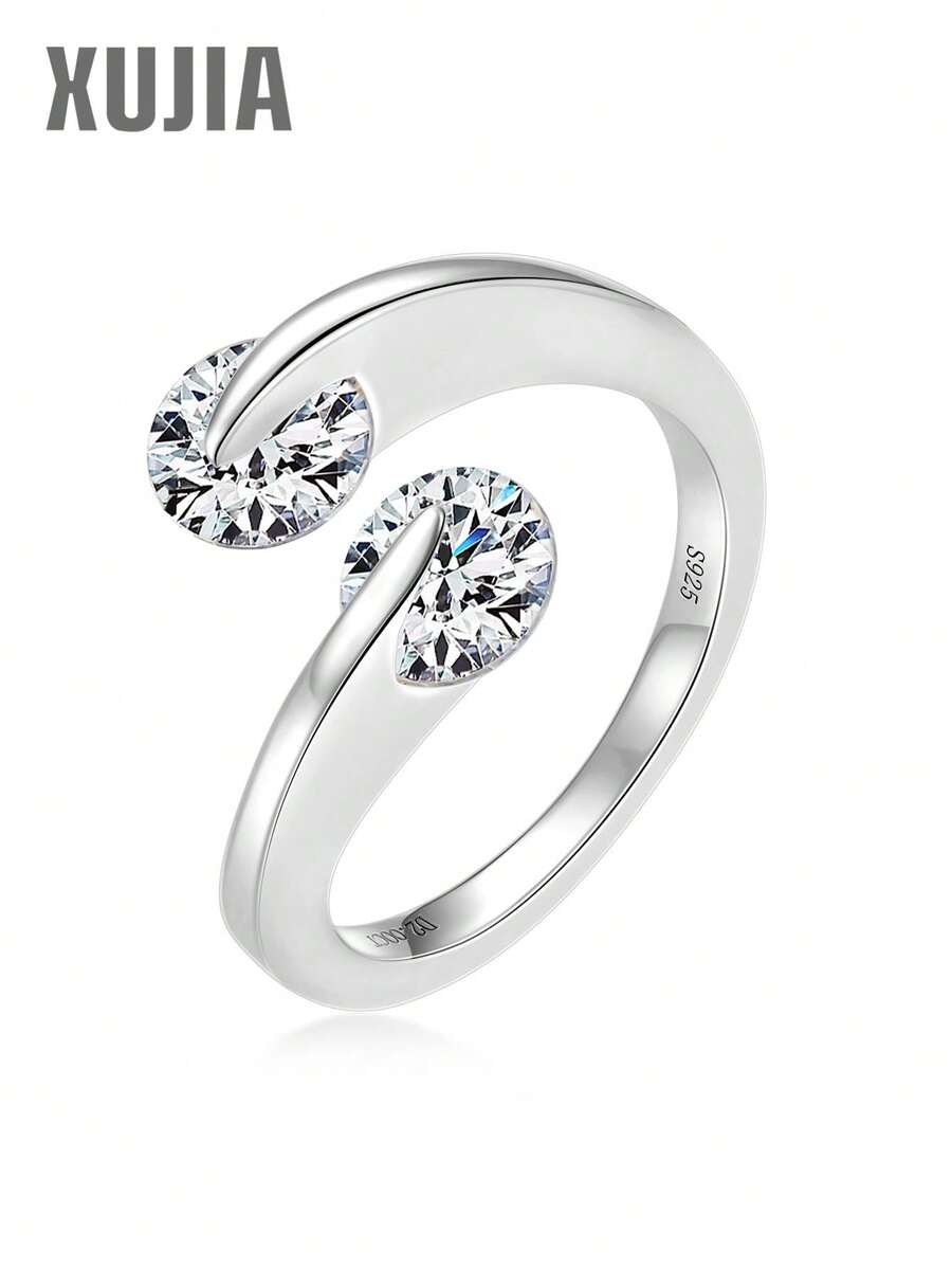 XUJIA 1pc 925 Sterling Silver 2.0 Carat Moissanite Ring, Two 6.5mm Round Moissanite Stones, Women's Wedding Engagement Ring, Anniversary Gift, Bridal Wedding Gift