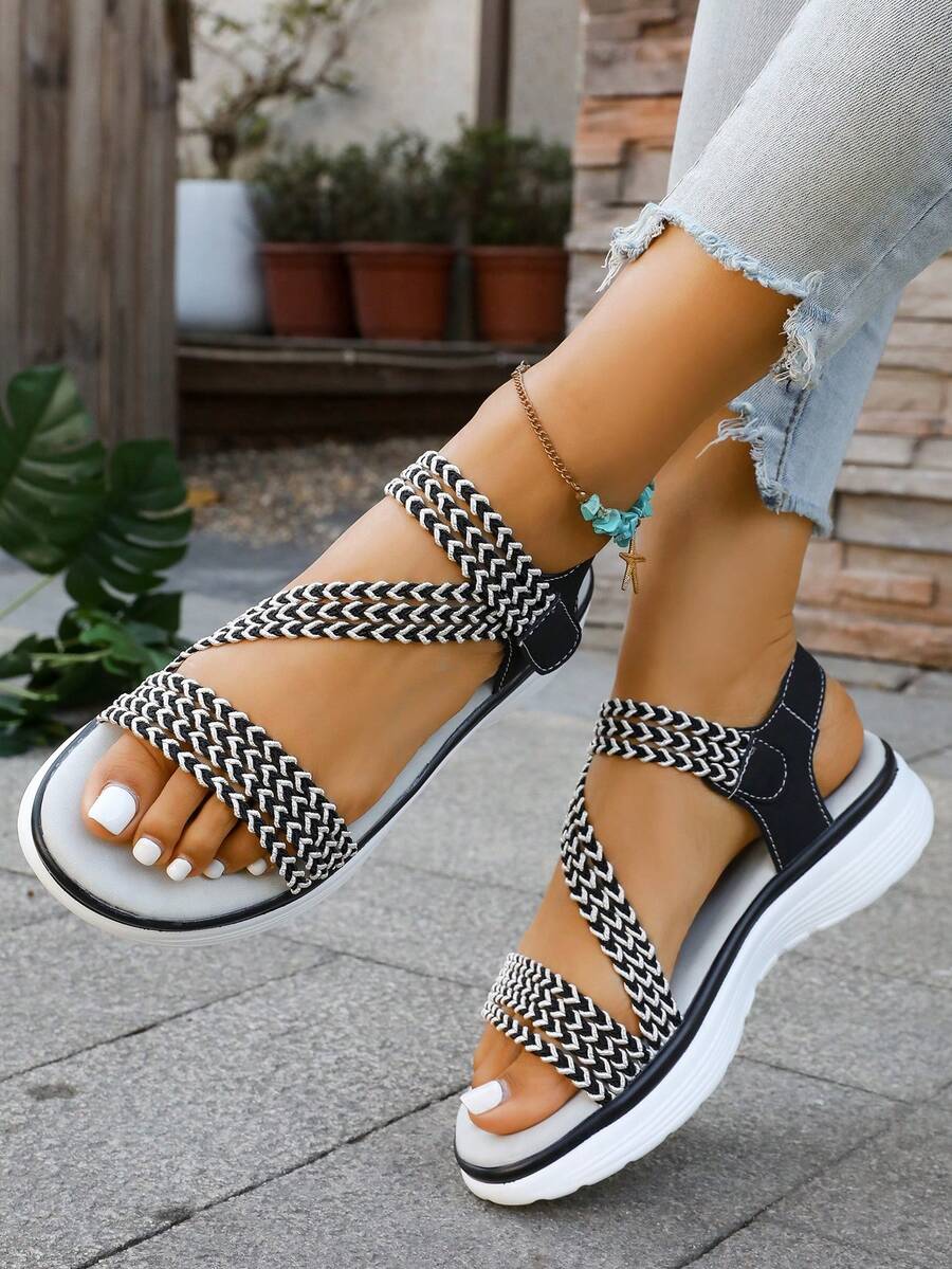 Flat Woven Sandals, Casual Minimalist Beach Fisherman Sandals For Women - Black - View 1