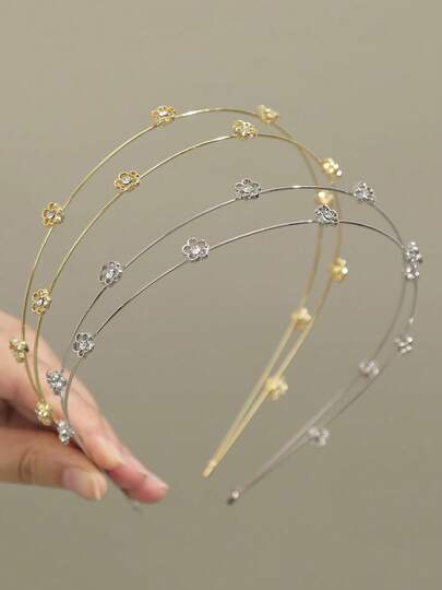 1PC Minimalist Floral Crystal Hair Hoops Gold & Silver Thin Metal Headbands For Women, Dainty Rhinestone Flower Hair Accessories For Wedding, Work & Weekend Outfits