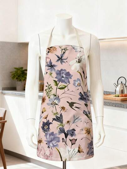 一件花鸟主题烹饪围裙，浅粉色底，饰以花卉和燕子图案，尺寸为 55*68 厘米，挂脖式设计，适合春季、复活节、日常烹饪、烘焙和派对穿着。