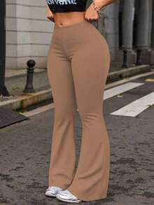 Women's High Waist Solid Color Flare Yoga Leggings, Workout Running Fitness Pants Black Spring - Hồng - Xem 1