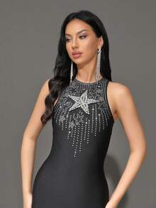 Fashionable Black Sleeveless Studded & Foil Printed Bandage Mini Dress, Fitted Silhouette For Women, Suitable For Holiday, Party, Dance - Black - View 7