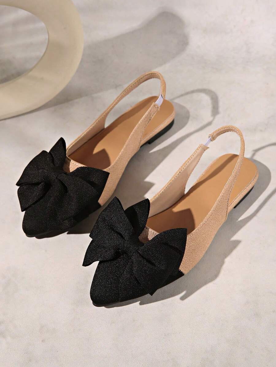 Sandal đế bằng nữ, thiết kế nơ xinh xắn, đa năng cho mùa hè, kiểu dáng thanh lịch Pháp với mũi nhọn, phối màu độc đáo, thích hợp cho tiệc tùng và kỳ nghỉ biển, món đồ thiết yếu cho mùa xuân/hè. - màu đen - Xem 1