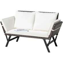 Outdoor Sofa Woven Rattan Patio Furniture Convertible Daybed Or Double Chair With Adjustable Armrests Cushions And Pillows For Yard Porch Pool Brown Lounger And Beige Pillowcase - 棕色躺椅和米色枕頭套 - 查看 2