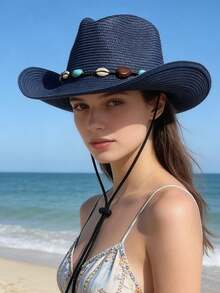 1 chiếc mũ Panama bằng rơm unisex, trang trí rỗng bằng hạt cườm, thời trang và thoáng khí, phù hợp cho mặc hàng ngày, đi biển, cắm trại, công viên giải trí, tiệc tùng, v.v. (Có thể đặt làm dây mũ theo yêu cầu) - MZ197+ML43 - Xem 25