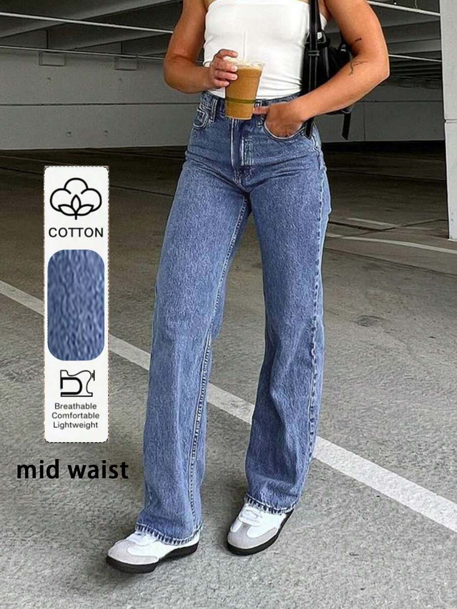 Versatile Simple Basic Slim Straight Leg Jeans - Dark Wash - View 1