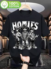 Homies Men'S Graphic Tee Black Crew Neck Tee With Bold 'Homies' Print, 100, Machine Washable, Casual Style, Perfect For Sports, Going Out, Festive Occasions, Loose Fit - 黑色 - 查看 1