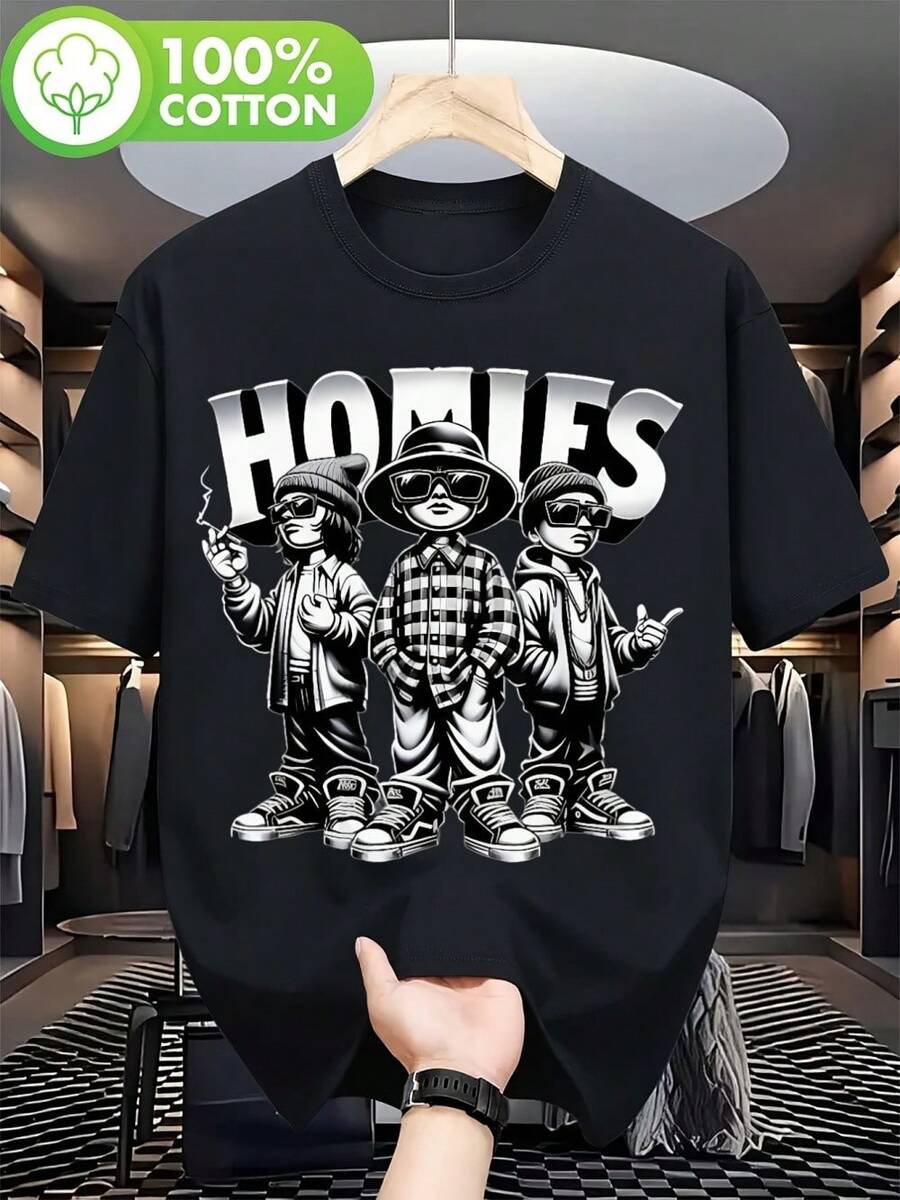 Homies Men'S Graphic Tee Black Crew Neck Tee With Bold 'Homies' Print, 100, Machine Washable, Casual Style, Perfect For Sports, Going Out, Festive Occasions, Loose Fit - 黑色 - 查看 1