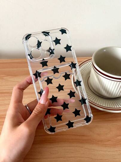 Black Star Pattern Printed Phone Case With Card Slot Compatible With IPhone 11/17/17pro/13/14/15/15pro/15 Plus/15 Promax/16/16pro/16plus/16promax/7plus/8plus/X/Xs Max/Xr/17Air/12pro/13pro/14pro/17Promax/13mini/11promax/12promax/13promax/14promax/14plus/6/6s/6plus/7/8/Se/17proMax Transparent Card Holder Protective Cover