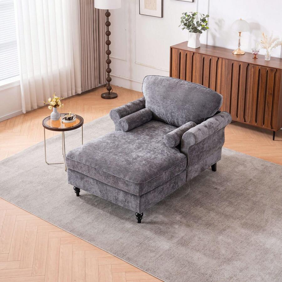 Oversized Chaise Lounge Indoor,Chenille Single Sofa Bed With Wide Seat,Upholstered Lazy Sleeper Armchair,Reading Couch Set For Living Room,Bedroom,5 Colors - Màu xám đen - Xem 1