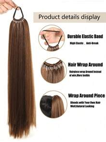 24 Inch Braided Straight Ponytail, Synthetic Extensions Made Of Polyester Fiber, With Elastic Bands Wrapped Around The Hair, Available In Various Colors. Suitable For Women To Wear In All Seasons And Can Also Be Used As Daily Accessories.,Festival,Party - Natural Black - View 5
