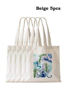 海洋生物印花帆布手提袋，轻便可重复使用，适合泳池度假日常必备 - 彩色 - 查看 21