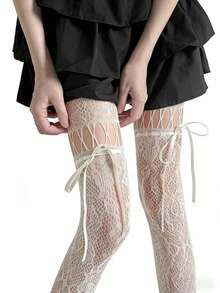 1双 - 春夏镂空蕾丝蝴蝶结渔网袜，性感Y2K风格吊带连裤袜，复古日式抽绳网袜 - 彩色 - 查看 11