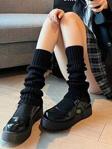 2 Pairs Of Black And White Oversized Women's Knee-High Polyester Knitted Fabric, Solid Color, Comfortable And Elastic, Hand Wash , Suitable For Cycling, Casual Wear And Festival Wear, Y2k, Cozy - 彩色 - 查看 5