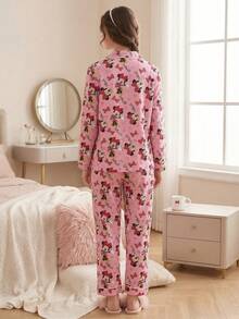 Disney 2件套卡通印花荷叶边领休闲长袖裤女式睡衣套装 - 粉色 - 查看 2