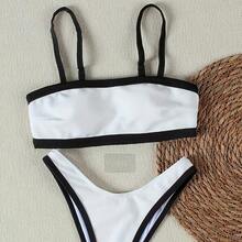 White Black Contrast Binding Bandeau Bikini Set - 黑與白 - 查看 1