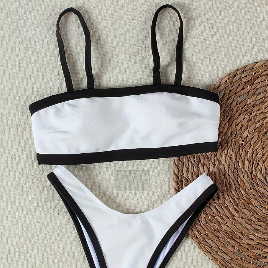 White Black Contrast Binding Bandeau Bikini Set - 黑與白 - 查看 1