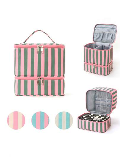 Striped Double Layer Nail Polish Organizer Bag With Handle, Portable Travel Makeup Storage Case For Nail Polish Bottles, Manicure Tools & Beauty Essentials