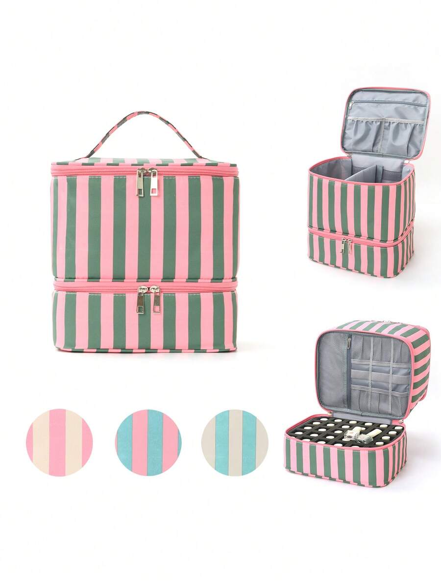 Striped Double Layer Cosmetic Bag, Large Capacity Cosmetic Storage Bag, Portable Travel Toiletry Bag, Suitable For Dressing Table And Travel - Multicolor - View 1