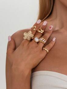 6pcs/Set Elegant Geometric Irregular Faux Pearl Inlaid Metal Flower Charm Stackable Rings Set, Luxurious Jewelry For Wedding, Party, Vacation, Daily Casual, Street Style, Women & Couples Gift - Ring - View 7