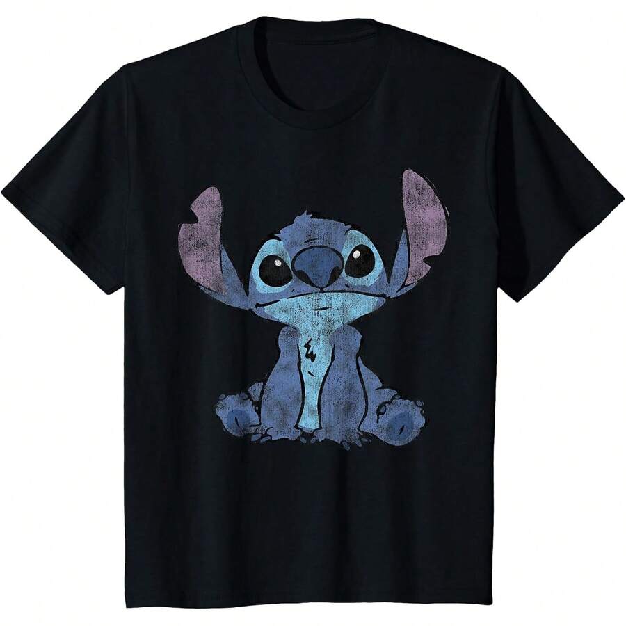 LILOS & STITCHS Distressed Stitch Portrait T-Shirt, Men, Black, Girls Clothes,Boys Clothes,Tops For Women,Tops For Men,Summer Clothes,Summer Tops,Funny T Shirts,Graphic Tee,Black Tops,Holiday Outfits For Women,Summer Holiday Outfits - Black - View 1