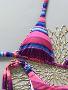 两件套性感多巴胺条纹挂脖比基尼套装 - 可调节系带上衣 + 低腰泳裤 | 女神度假泳装沙滩夏季 - 玫紅色 - 查看 4